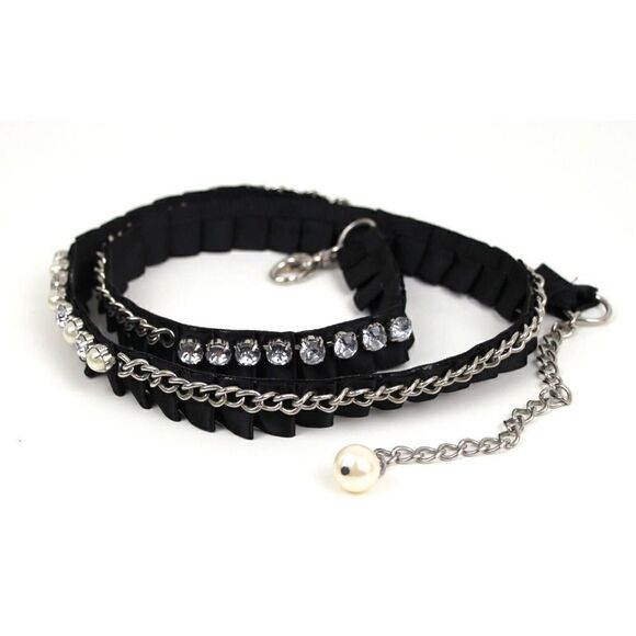 BLACK FABRIC RHINESTONE FAUX PEARL 3/4"Wd DRESS WOMEN BELT ADJUSTABLE Size (E98 - Picture 8 of 12